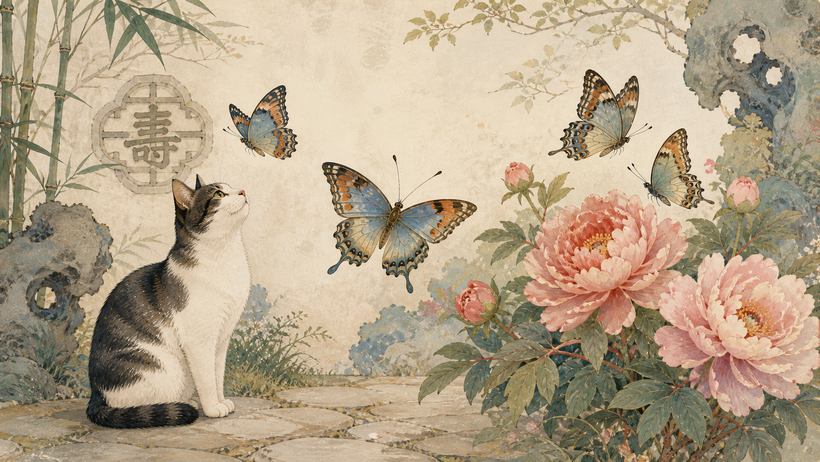 A cat watches a butterfly near a longevity medallion while paired butterflies fly among peonies