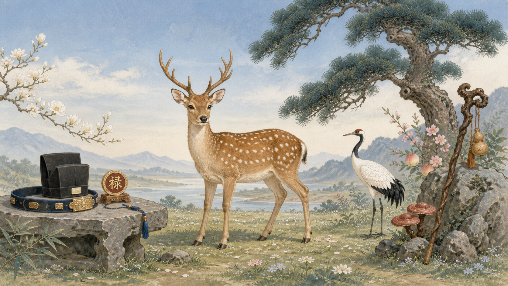 A spotted deer stands between an official hat and lu emblem and a crane, pine, lingzhi, peaches and longevity staff