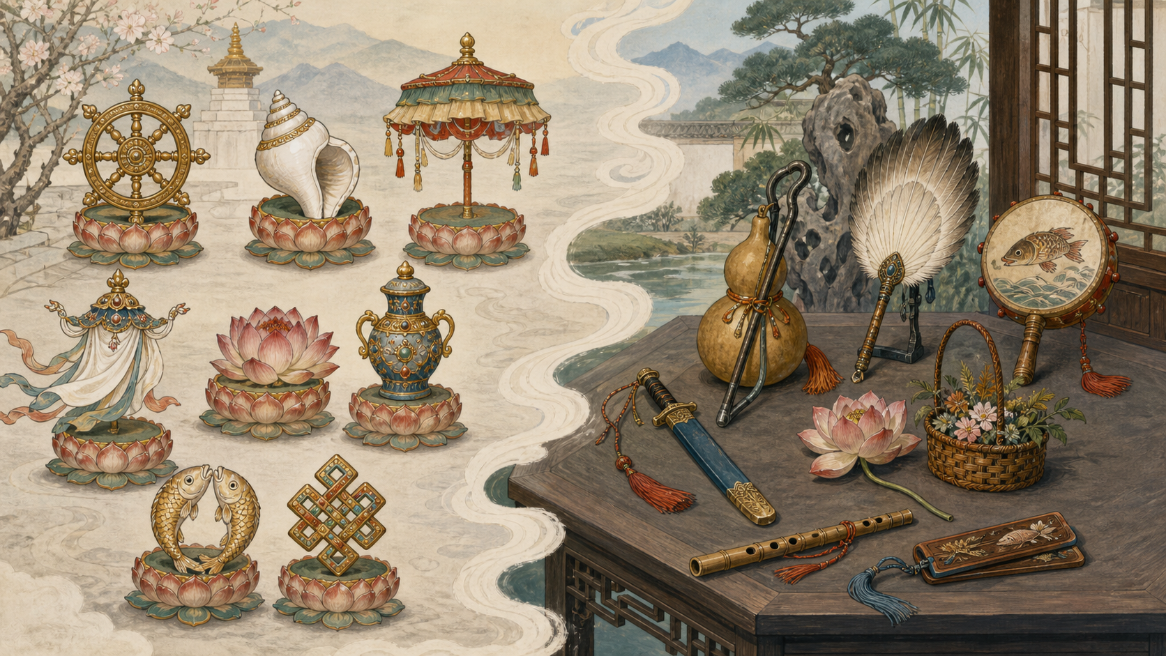 Two groups of eight Chinese auspicious emblems
