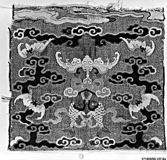 Eighteenth-century Chinese silk tapestry panel with fish, bats and clouds