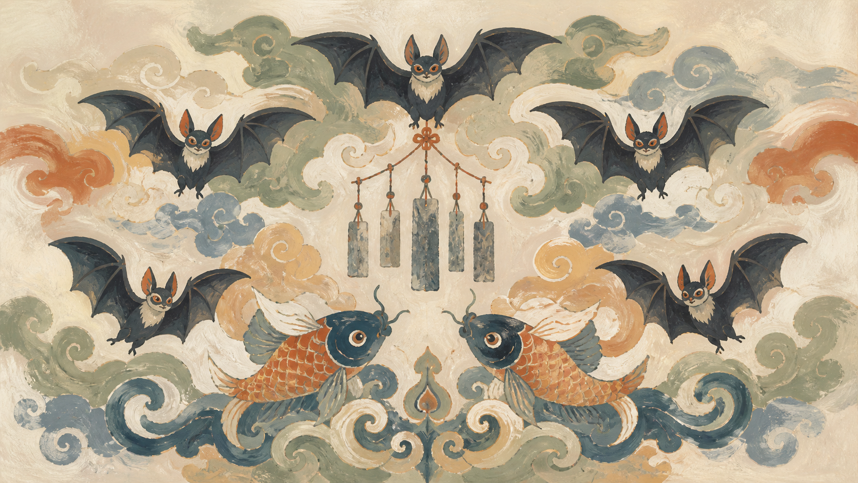 Editorial redraw of five bats, paired fish, stone chimes and clouds