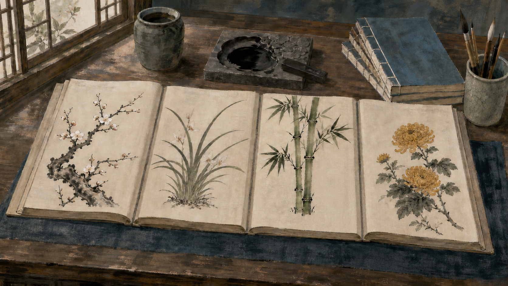 Four painting-manual folios show plum, orchid, bamboo and chrysanthemum beside an inkstone and thread-bound books