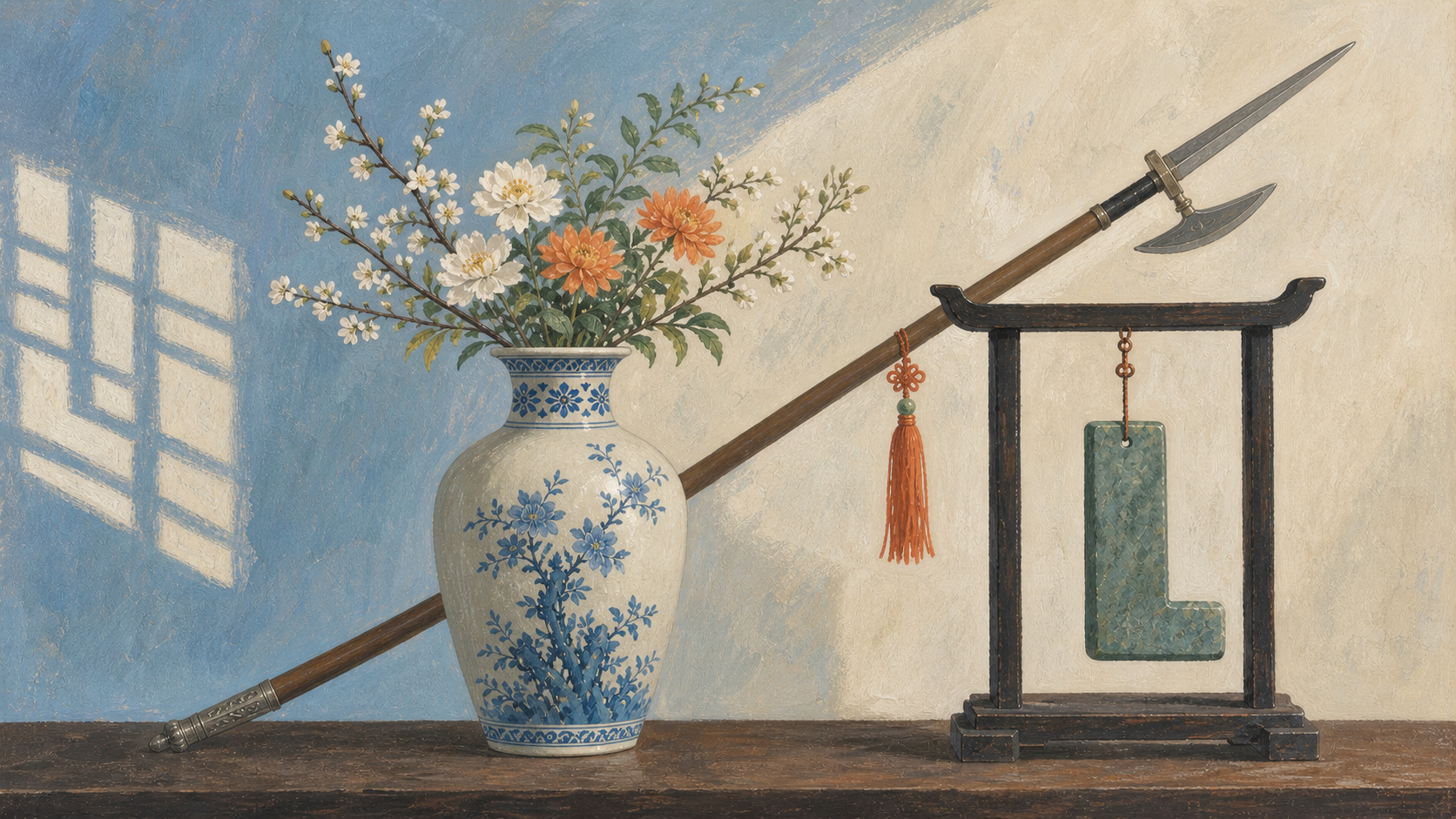 Vase, halberd and stone chime forming an auspicious rebus