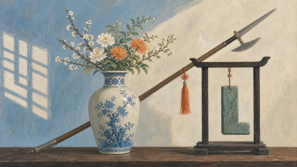 A vase, halberd and stone chime arranged as a Chinese rebus