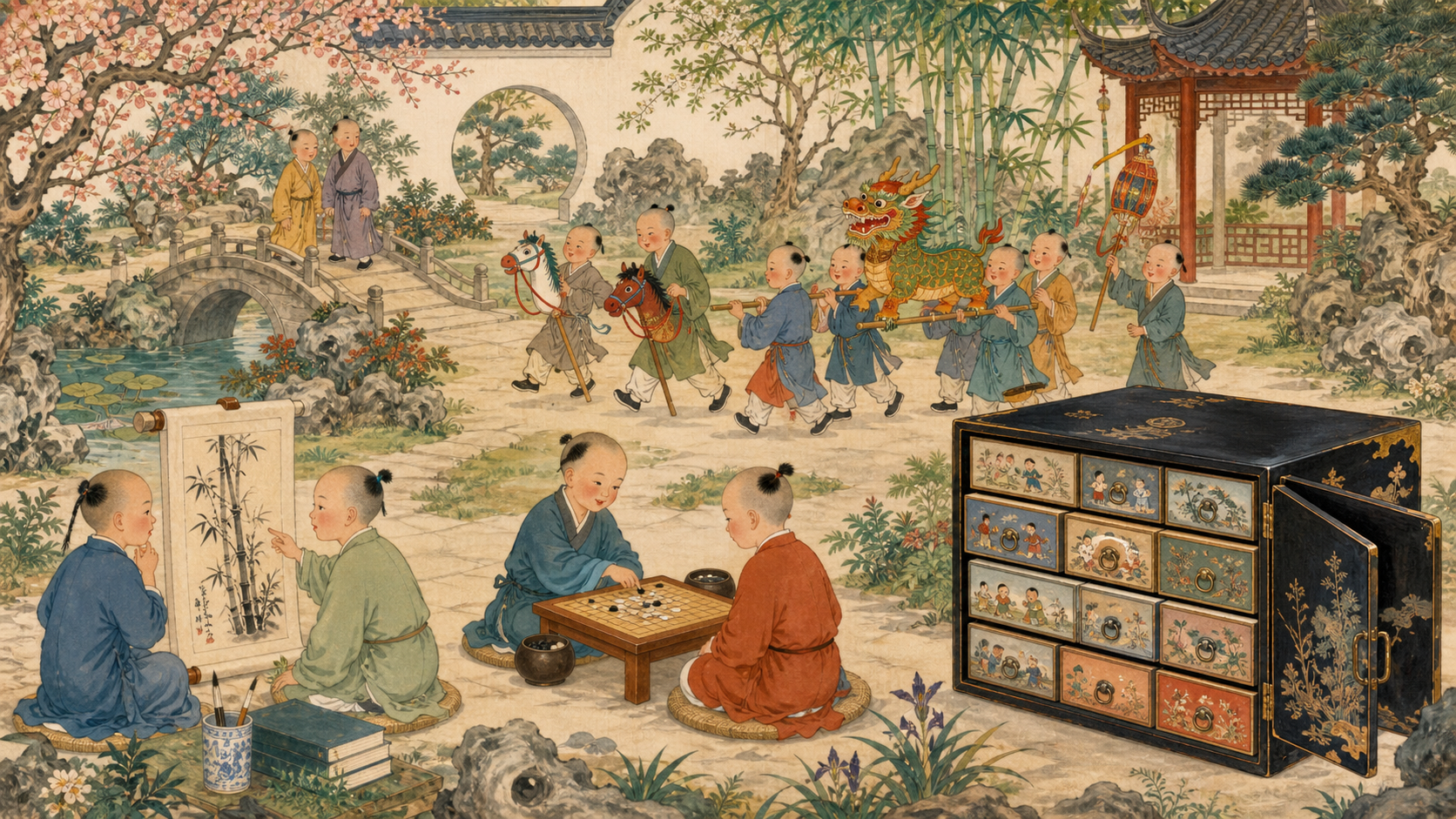 Groups of boys study, play weiqi, ride hobby horses and carry a qilin parade beside a many-drawered lacquer box