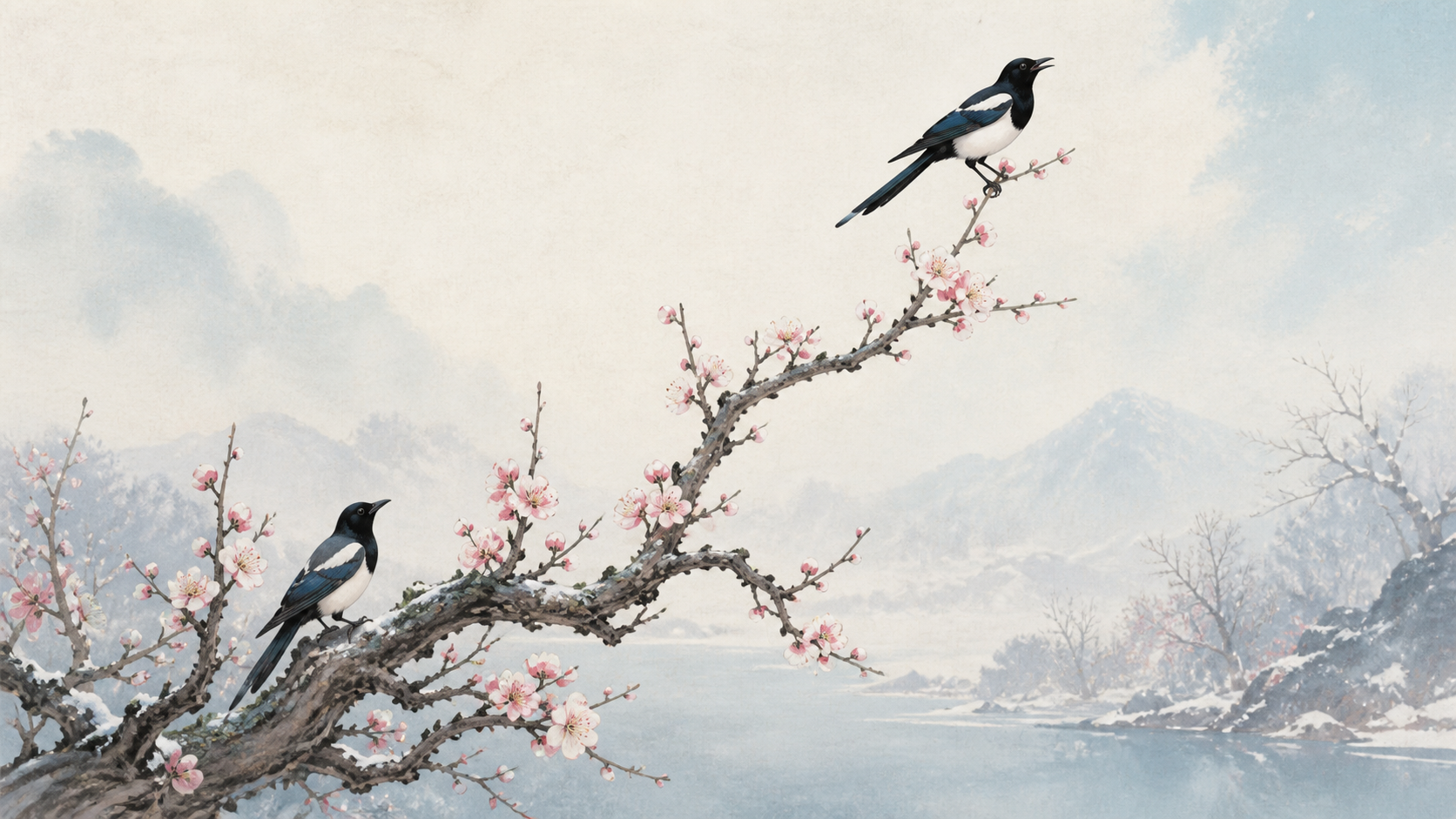 Magpie perched on plum blossom branches