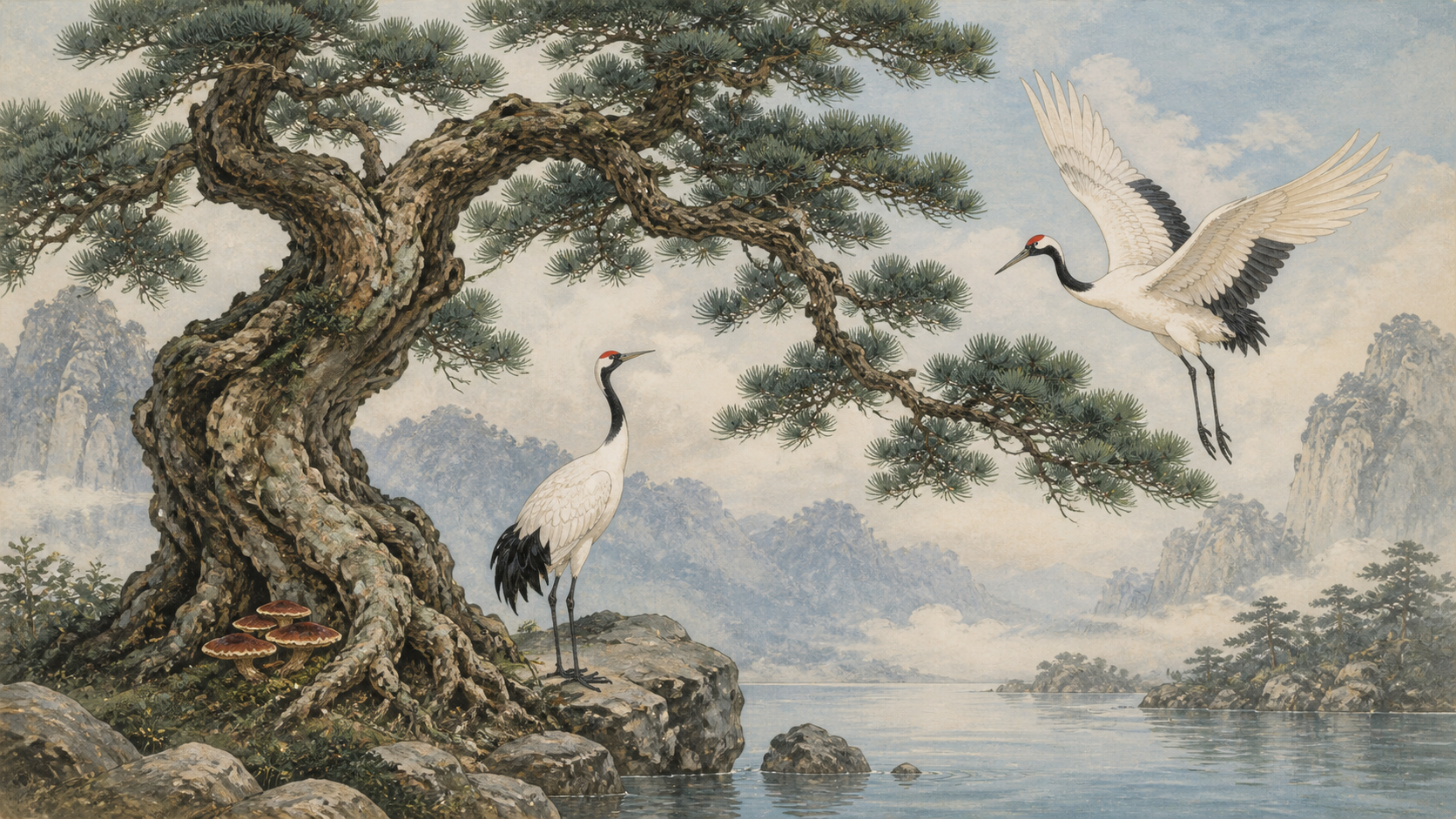 Pine trees and cranes in a longevity design