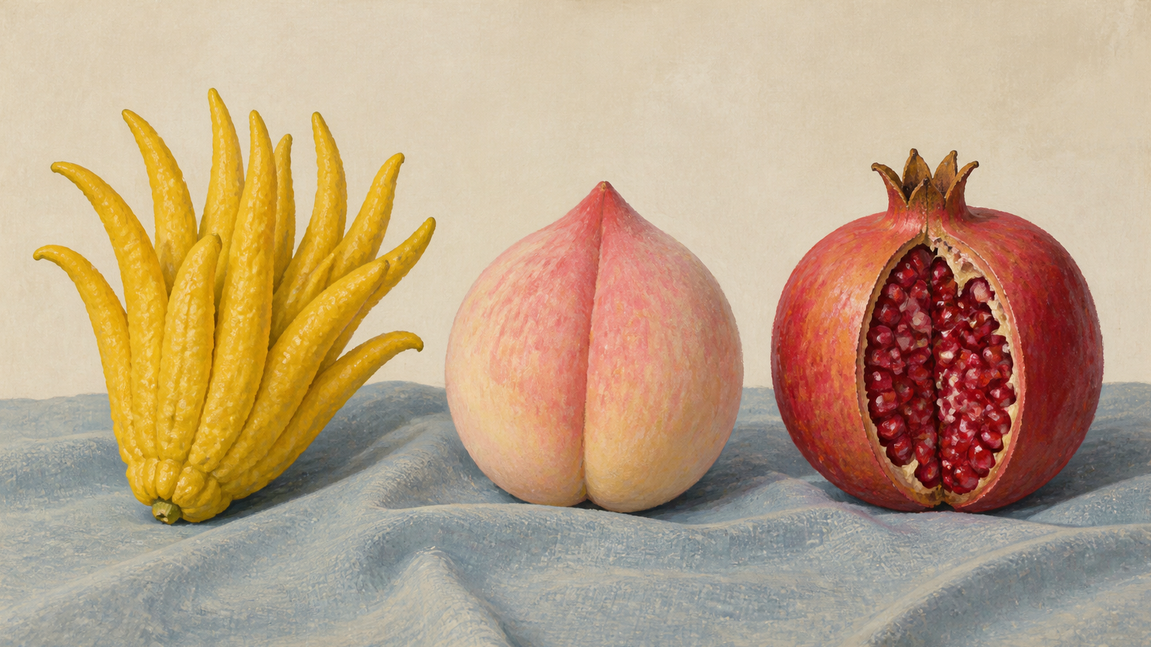 A fingered Buddha’s-hand citron, a pointed peach, and a split pomegranate