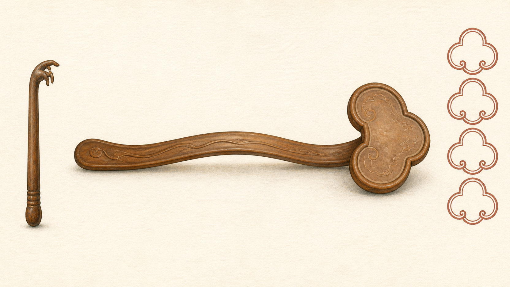 A complete curved ruyi beside a claw-tipped backscratcher and repeated ruyi-head border