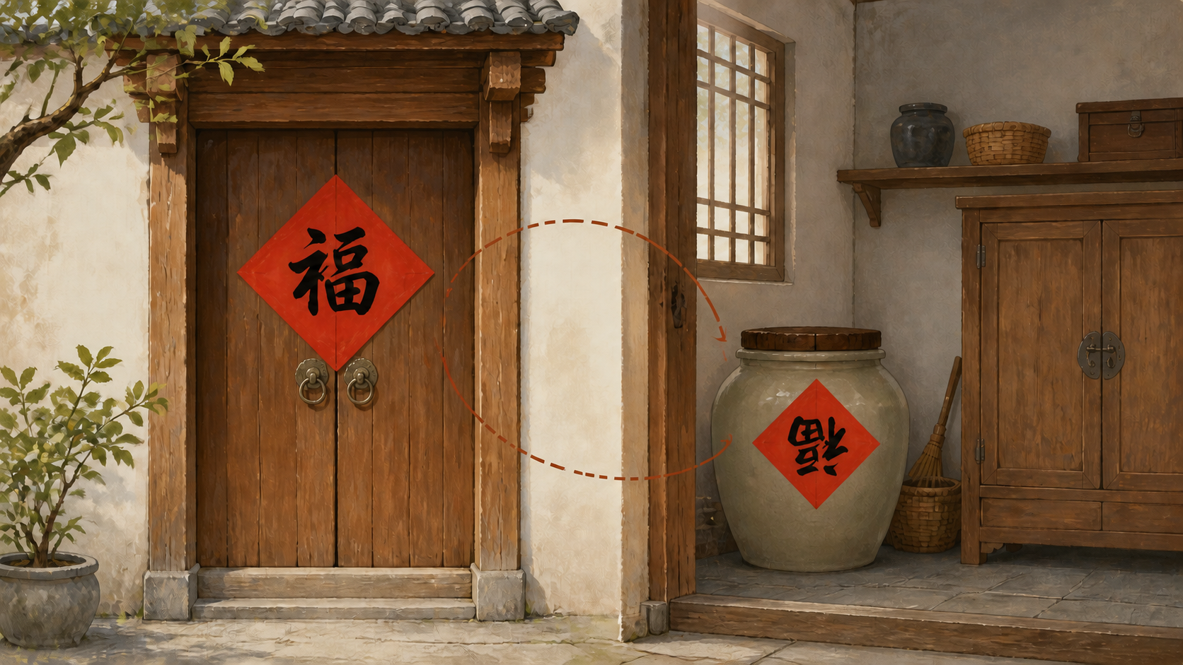 An upright fu on a front door and an upside-down fu on an indoor storage jar