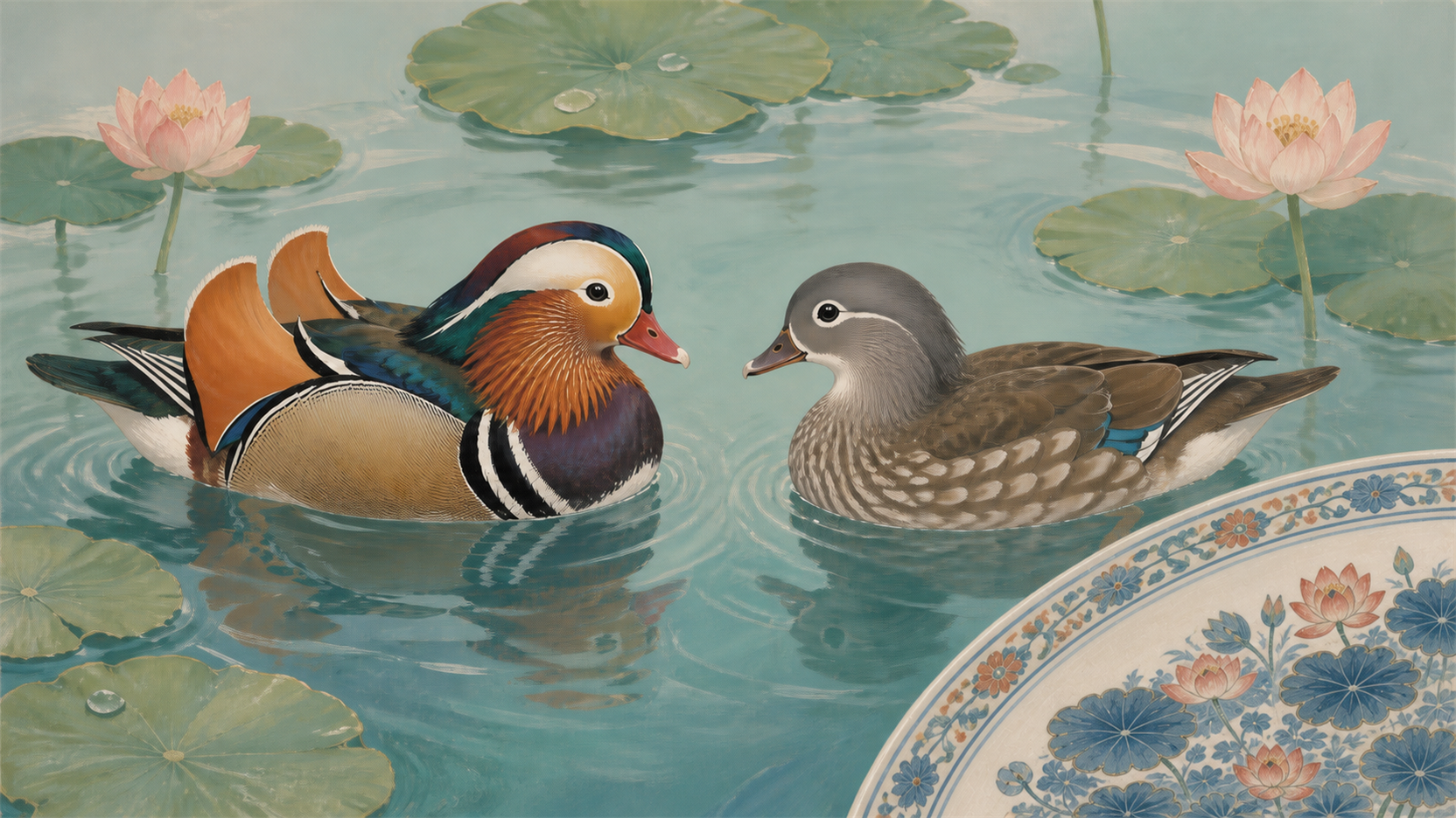 One male and one female mandarin duck facing each other in a lotus pond