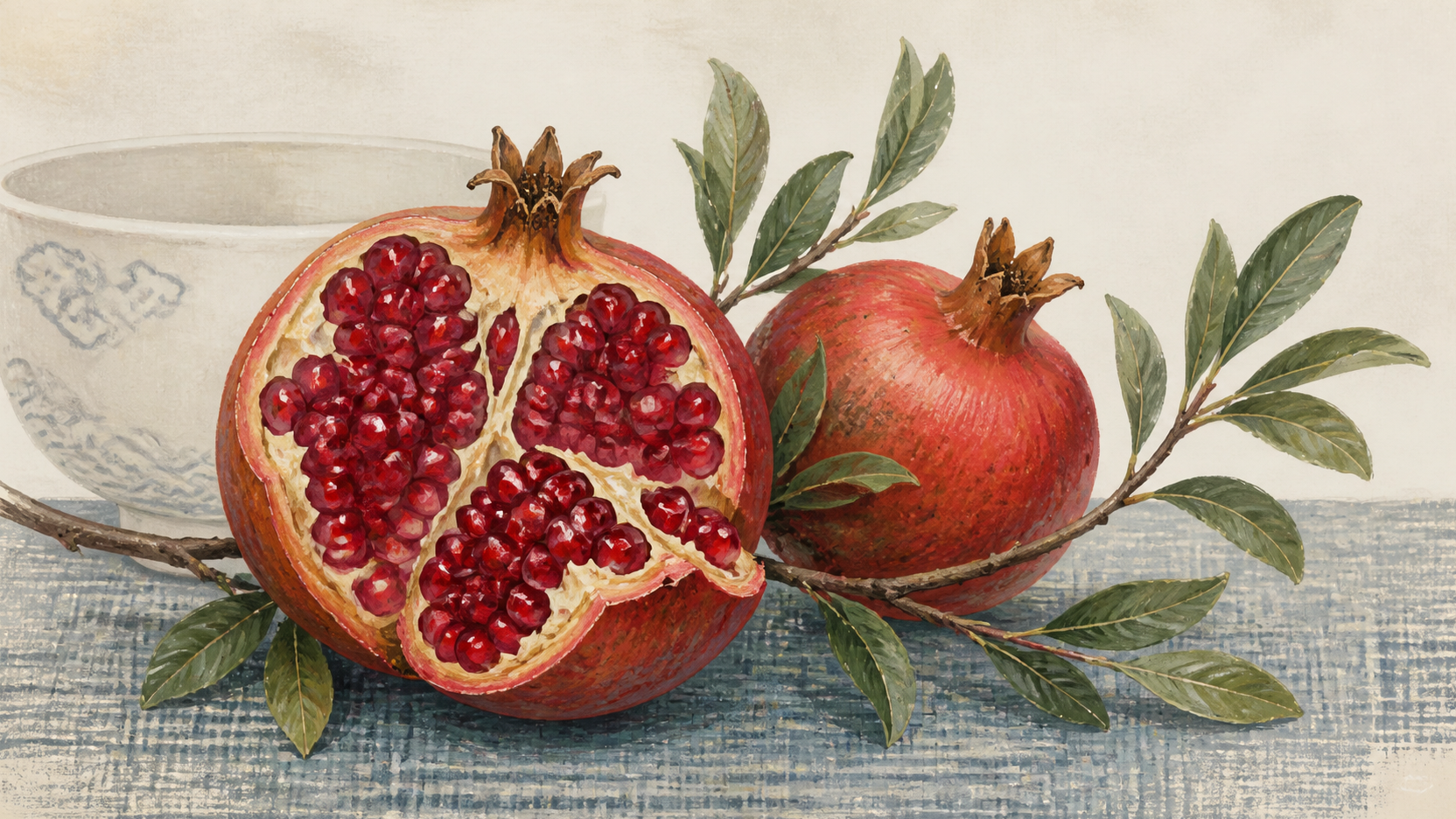 A ripe pomegranate split open to reveal many seeds