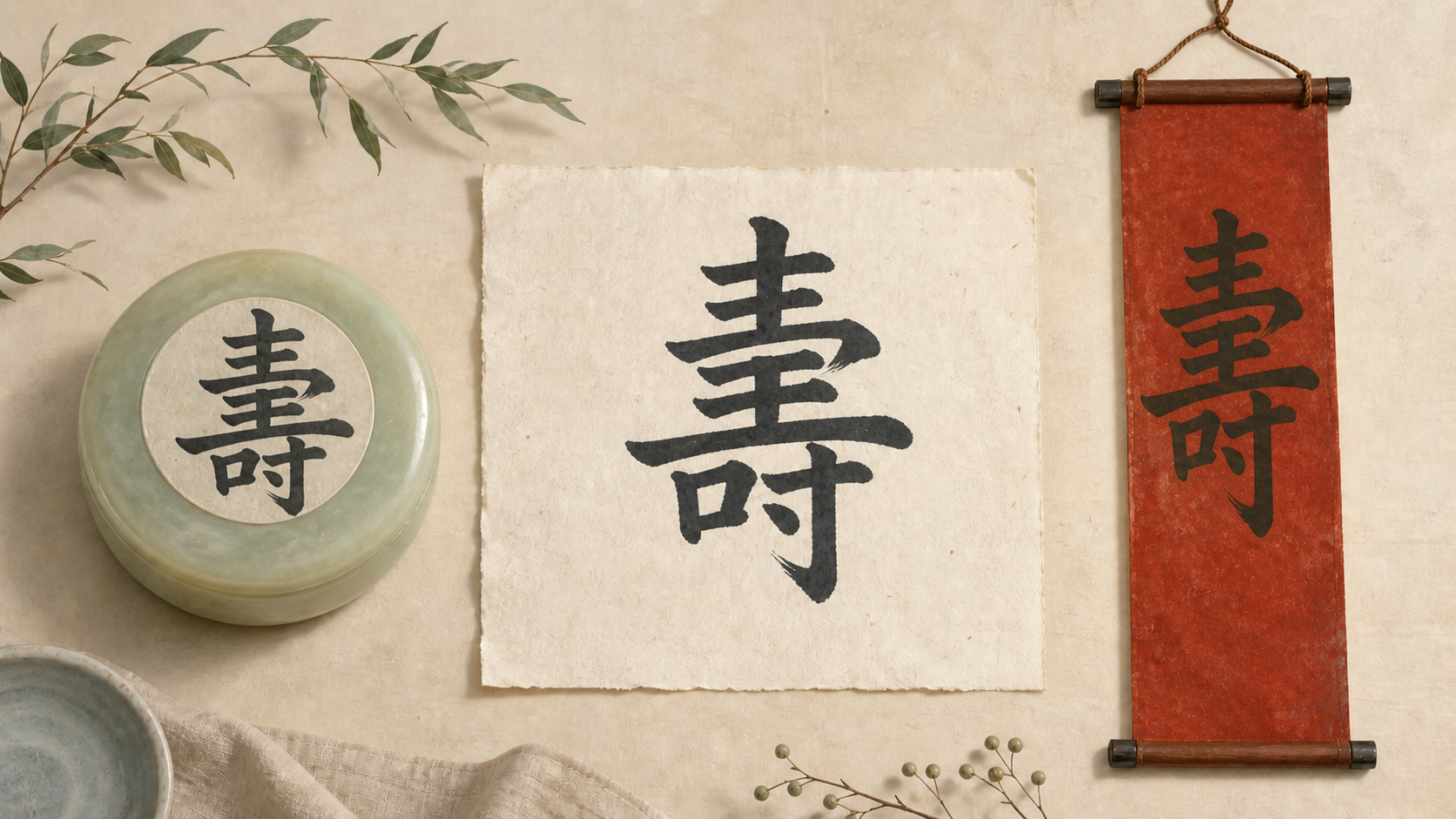 Traditional shou characters on a round box lid, square sheet and narrow hanging