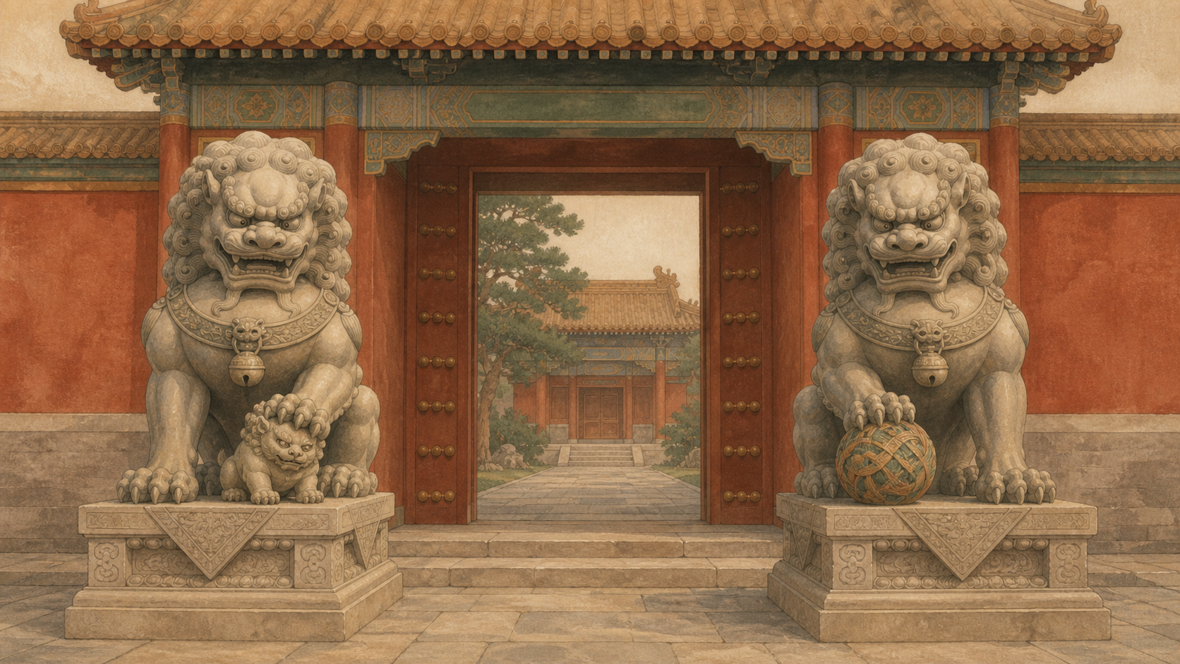 A pair of Chinese guardian lions at a gateway, with a ball beneath the male and a cub beside the female