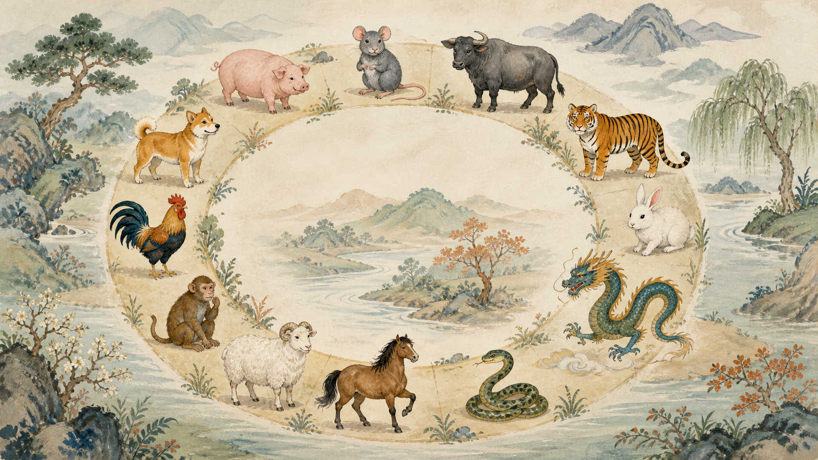 The twelve Chinese zodiac animals arranged in their fixed order around a circular year path