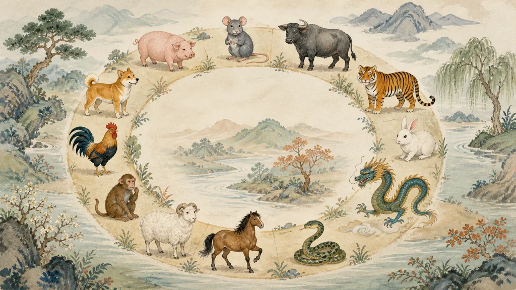 The twelve Chinese zodiac animals arranged in their fixed order around a circular year path