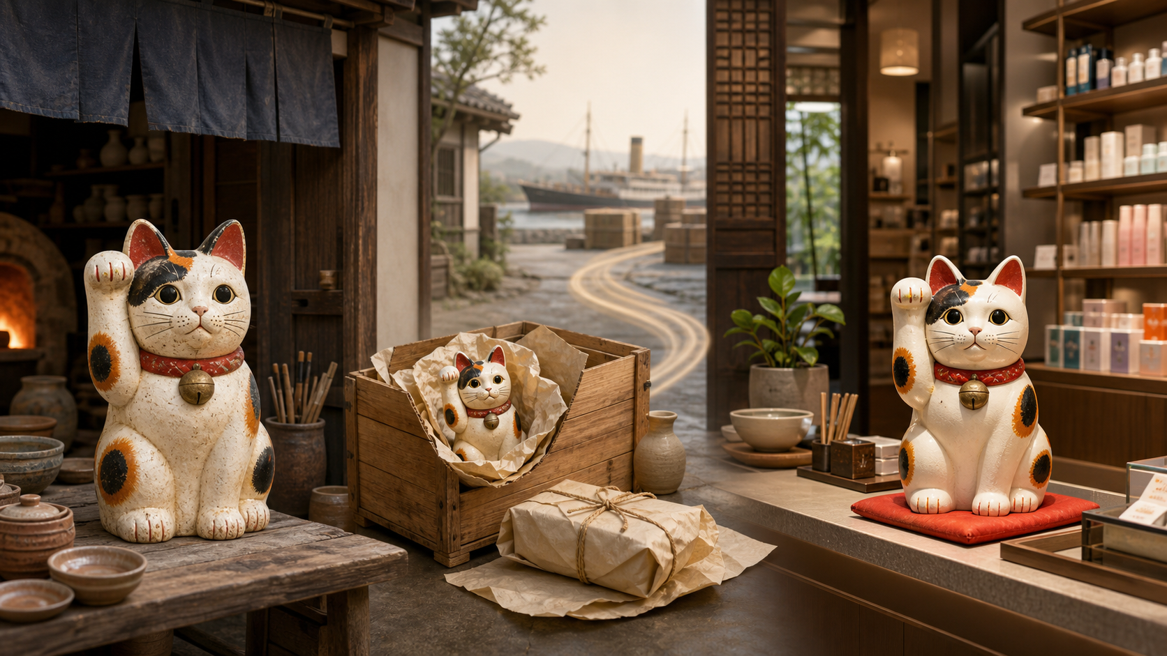 A ceramic beckoning cat moves from a Japanese pottery workshop through shipping crates and a port to a contemporary retail counter abroad