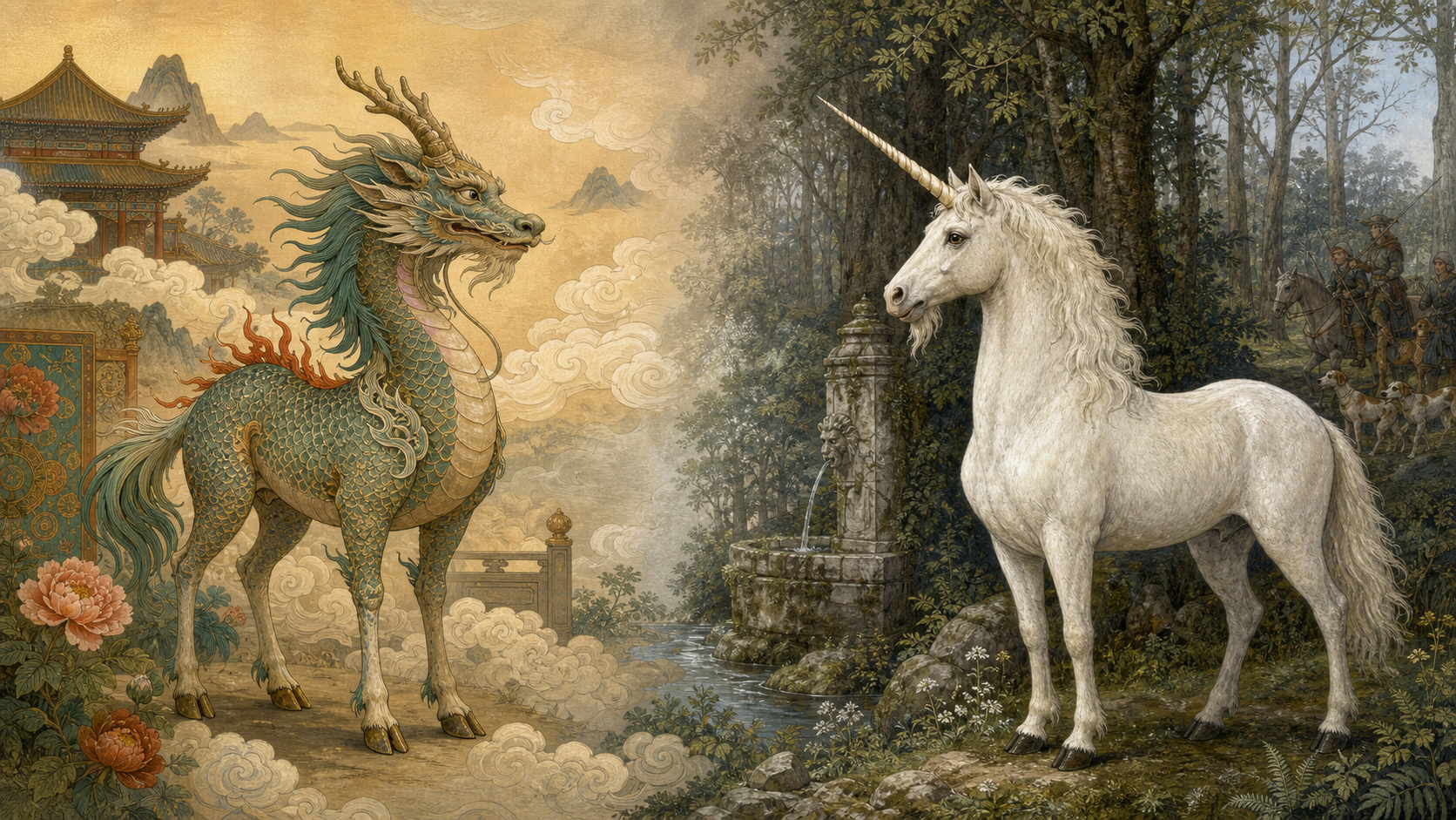 A scaled, hoofed Chinese qilin in auspicious clouds faces a single-horned European unicorn beside a medieval forest fountain and distant hunters