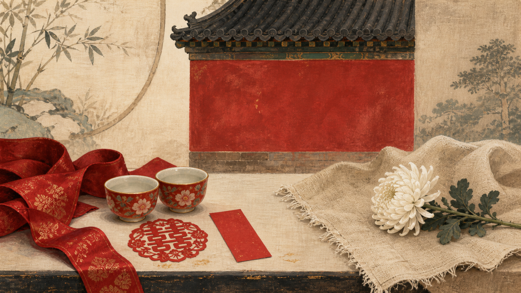 Red wedding objects and a vermilion palace wall contrast with undyed mourning cloth and a white chrysanthemum
