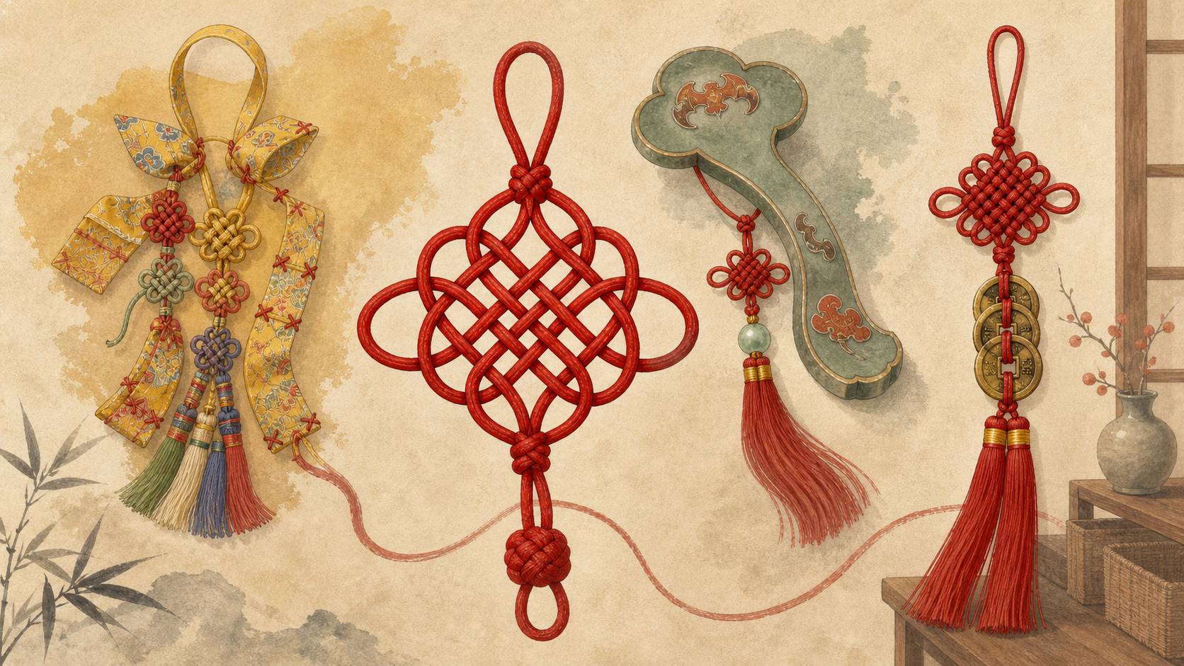 A central interlaced red cord surrounded by a yellow composite textile ornament, a knot attached to a ruyi-shaped object and a modern coin-and-tassel hanging