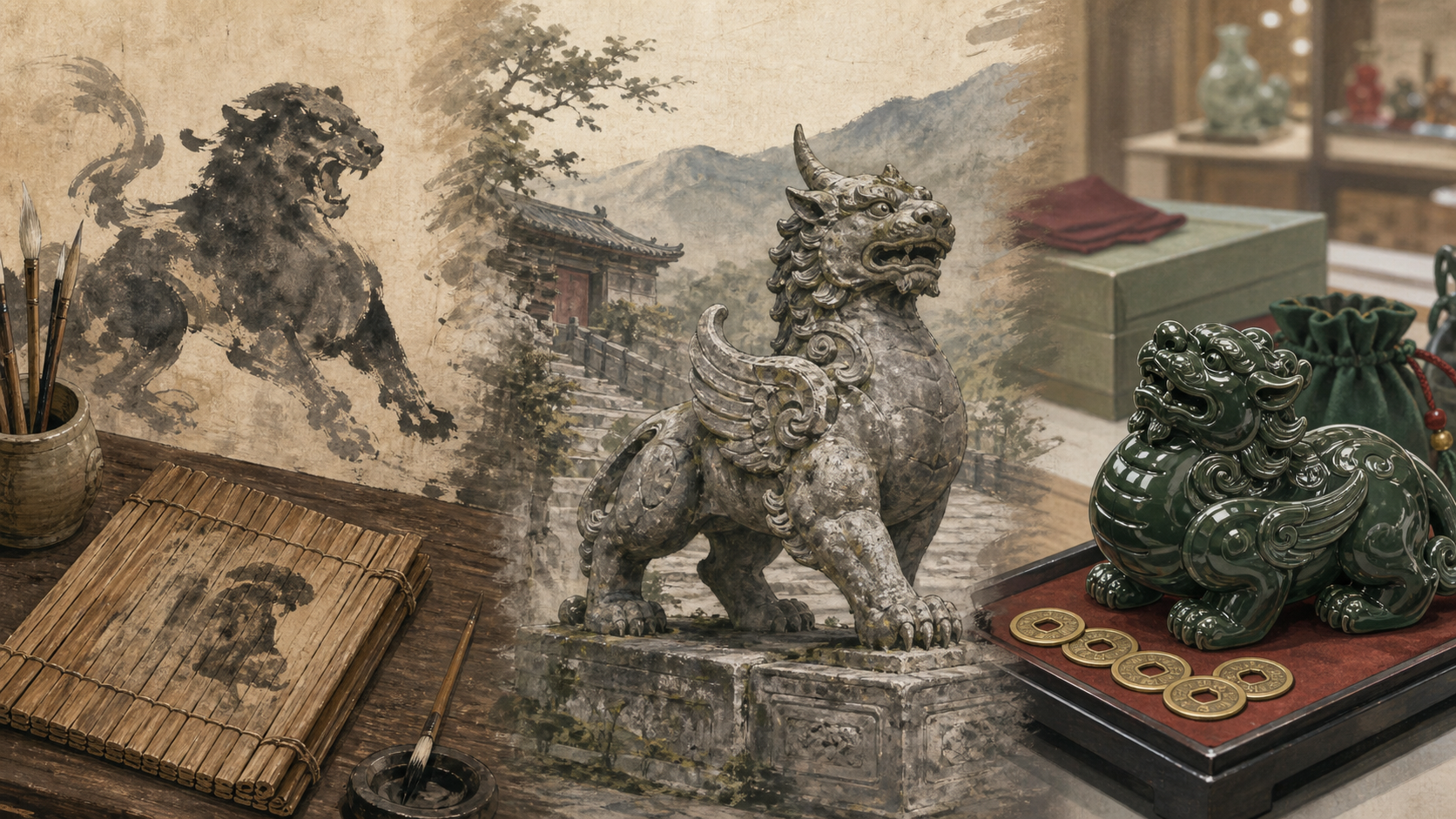 Ancient animal name, historical guardian beast and modern pixiu wealth figurine shown as three time layers