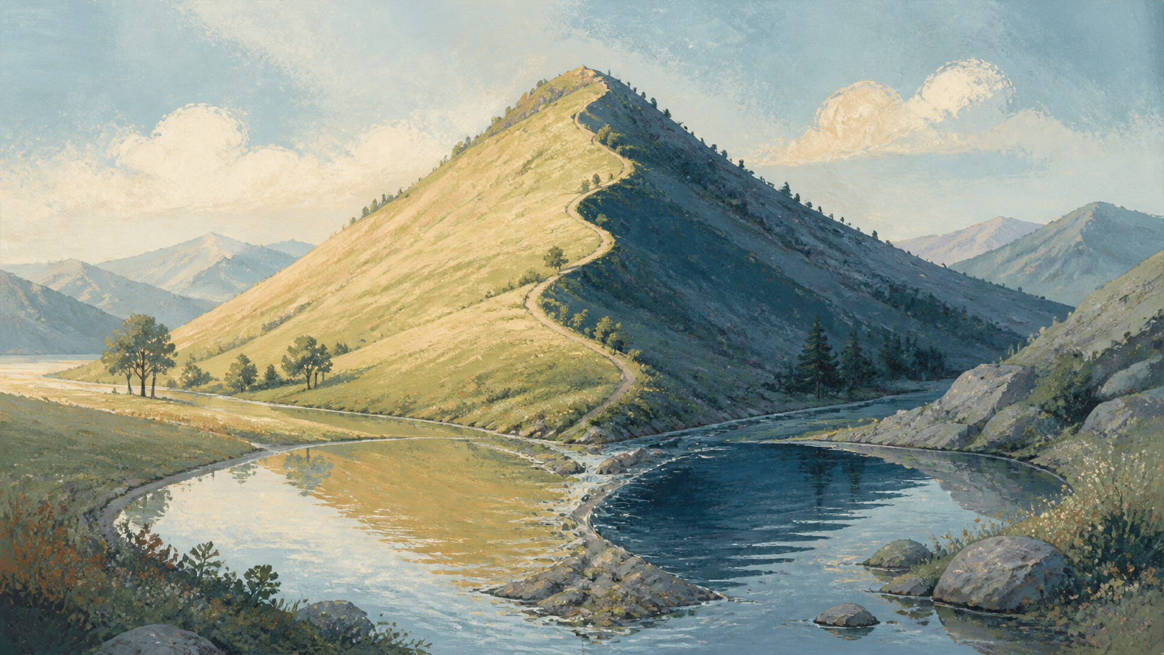 One mountain with a sunlit slope and a shaded slope joined by a curving stream