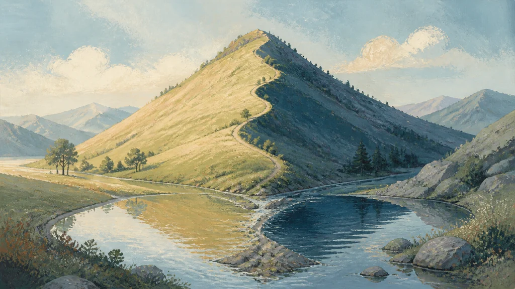 One mountain with a sunlit slope and a shaded slope joined by a curving stream