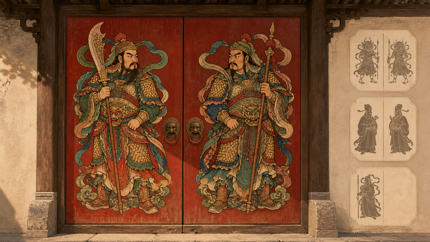 Two armored Chinese door gods face each other across a red double door, with smaller paired civil and single-guardian variants showing that different figures can fill the role