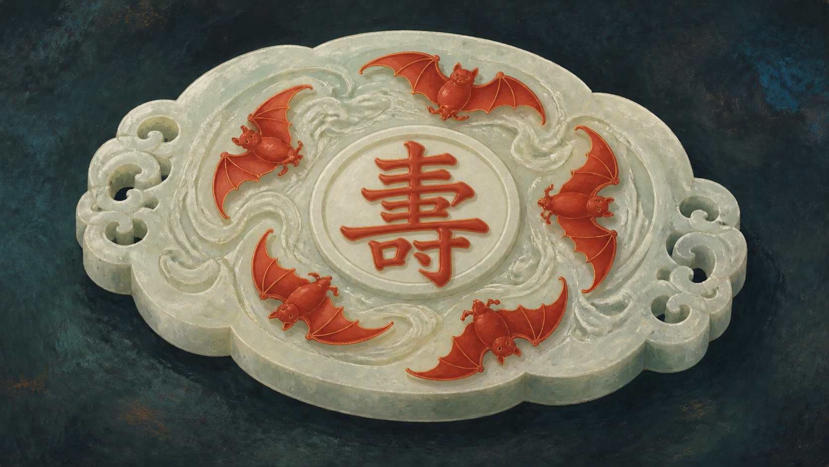 Five red bats arranged around the Chinese longevity character on pale jade
