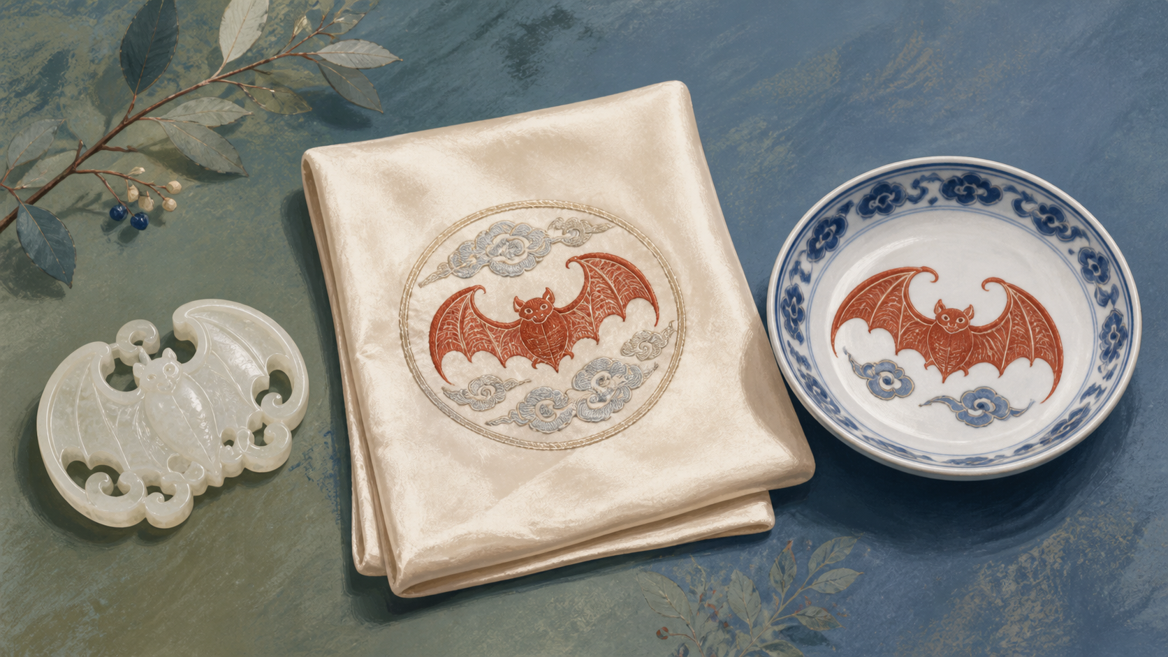 A jade ornament, embroidered silk roundel and porcelain dish carrying related decorative bat forms
