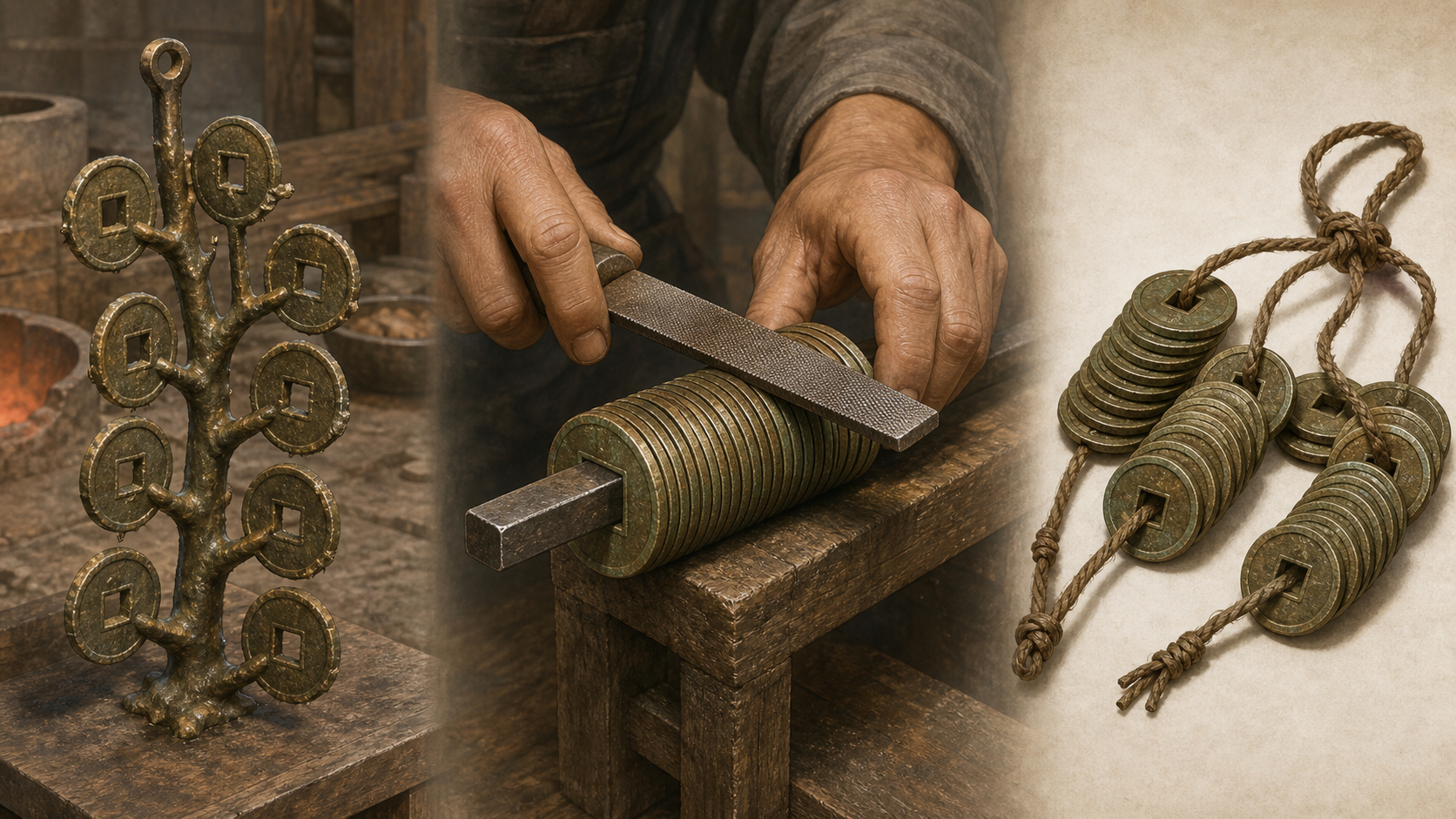 Cast Chinese coins move from a branching coin tree to a square rod for batch edge filing and then onto a cord for circulation