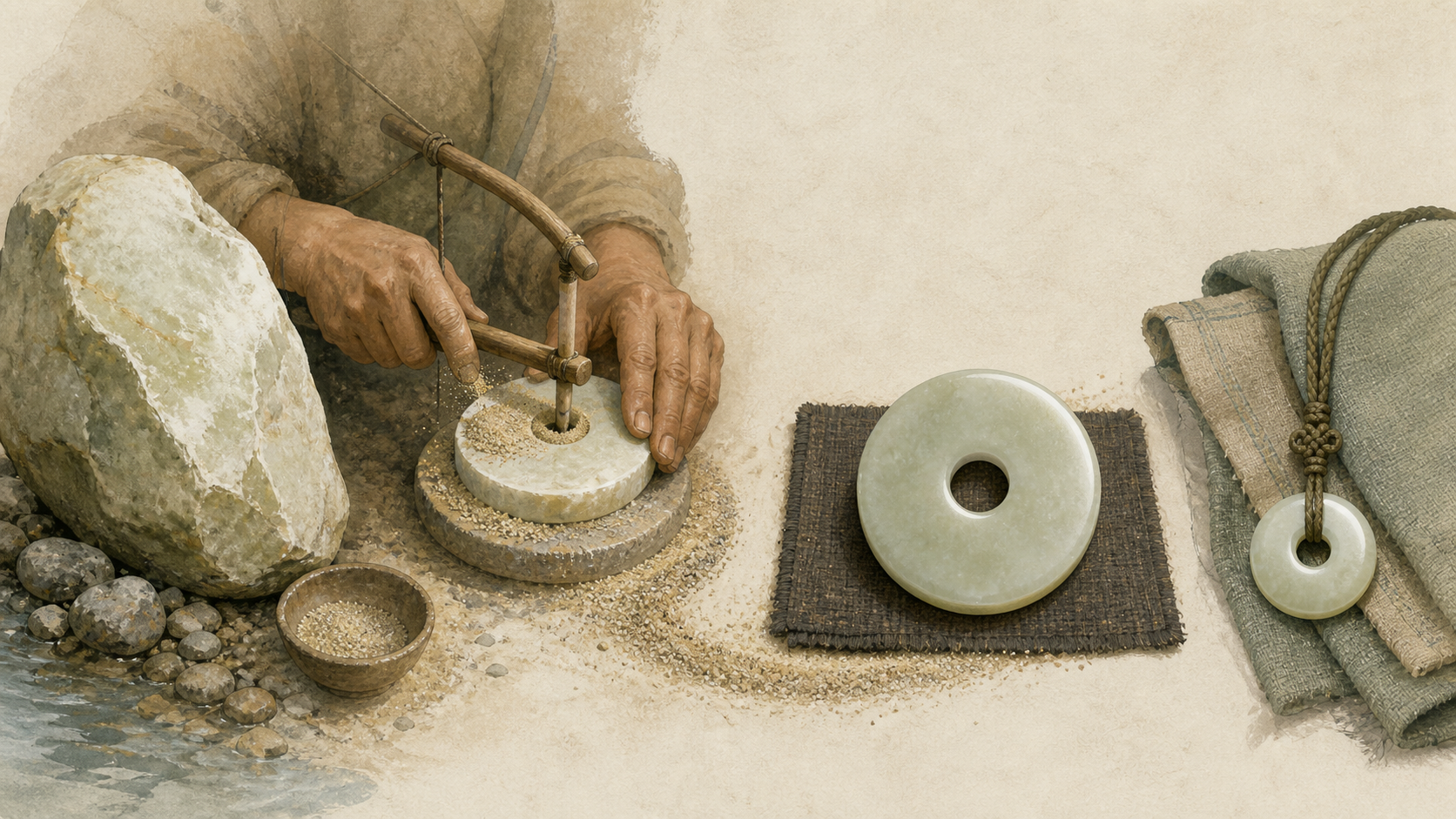 Pale nephrite shown as rough stone, abrasive working, a polished disk and a pendant
