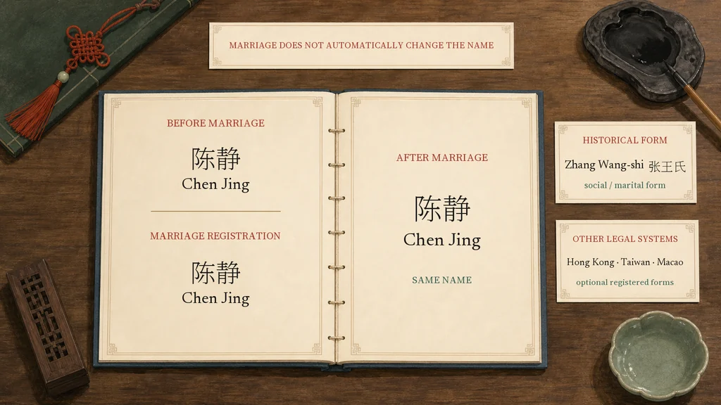 The name Chen Jing remains unchanged across marriage registration