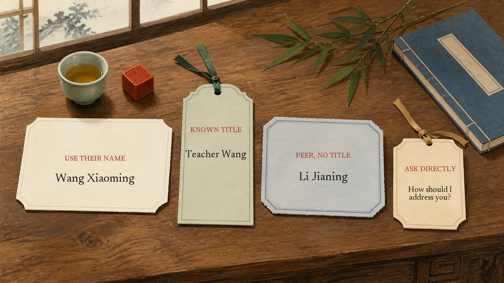 Four-step first-meeting decision tree for choosing a Chinese name or title