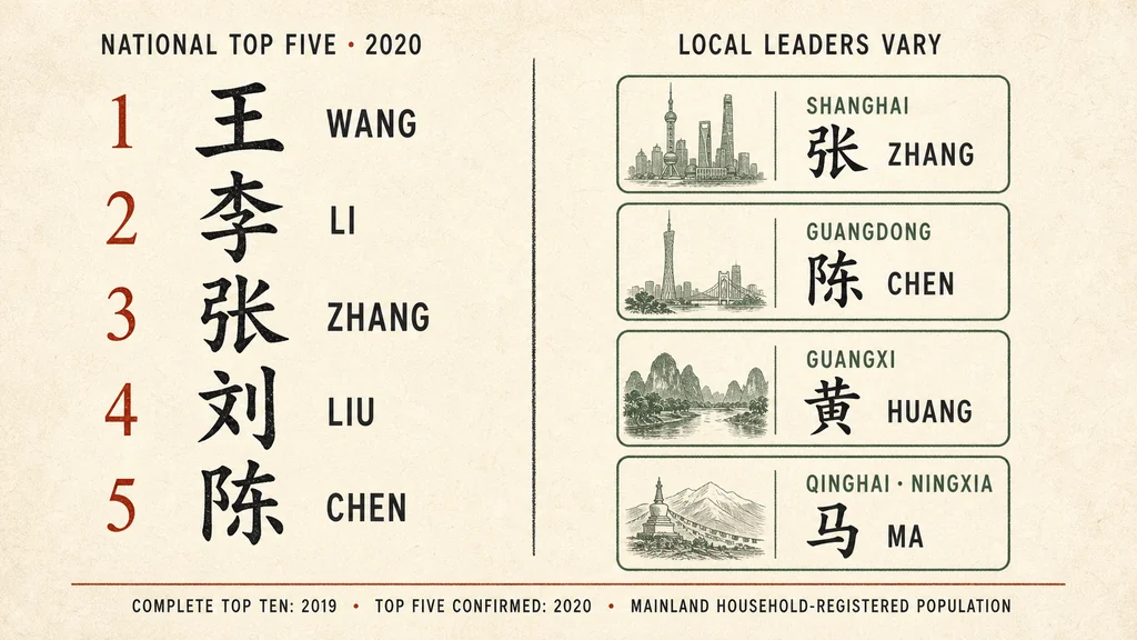 The national top five Chinese surnames and four regional leaders
