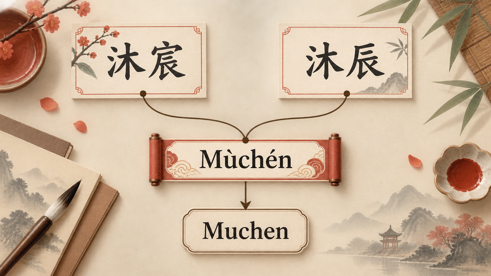 The names 沐宸 and 沐辰 converge on Mùchén and then Muchen