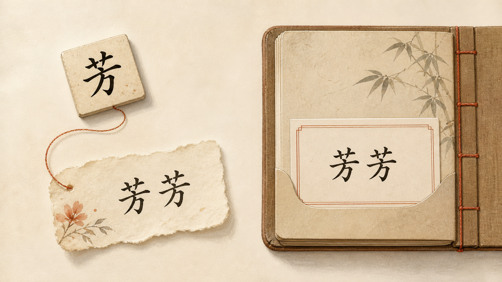 Two desk arrangements show Fangfang as a pet name and a complete given name