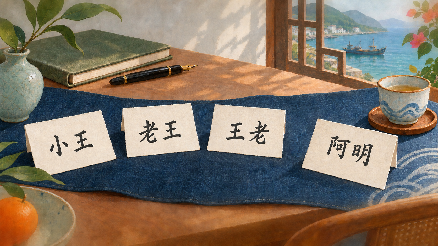 Four paper slips read Xiao Wang, Lao Wang, Wang Lao and A-Ming in Chinese