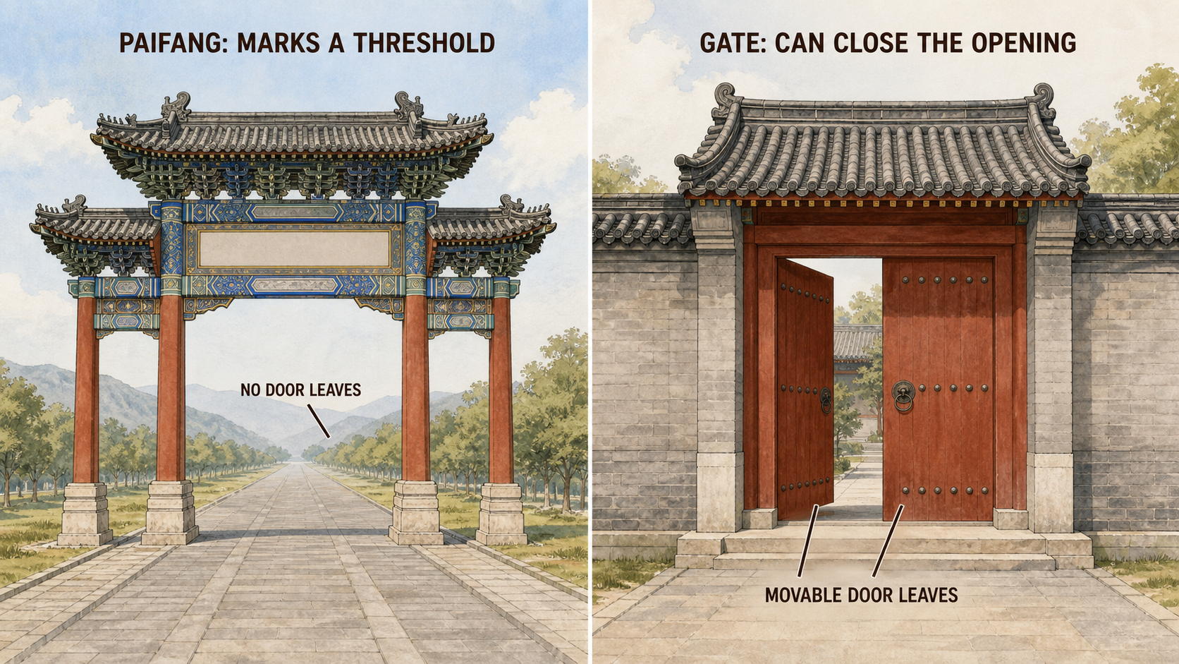 Comparison of an open paifang and a wall-connected gate with movable door leaves