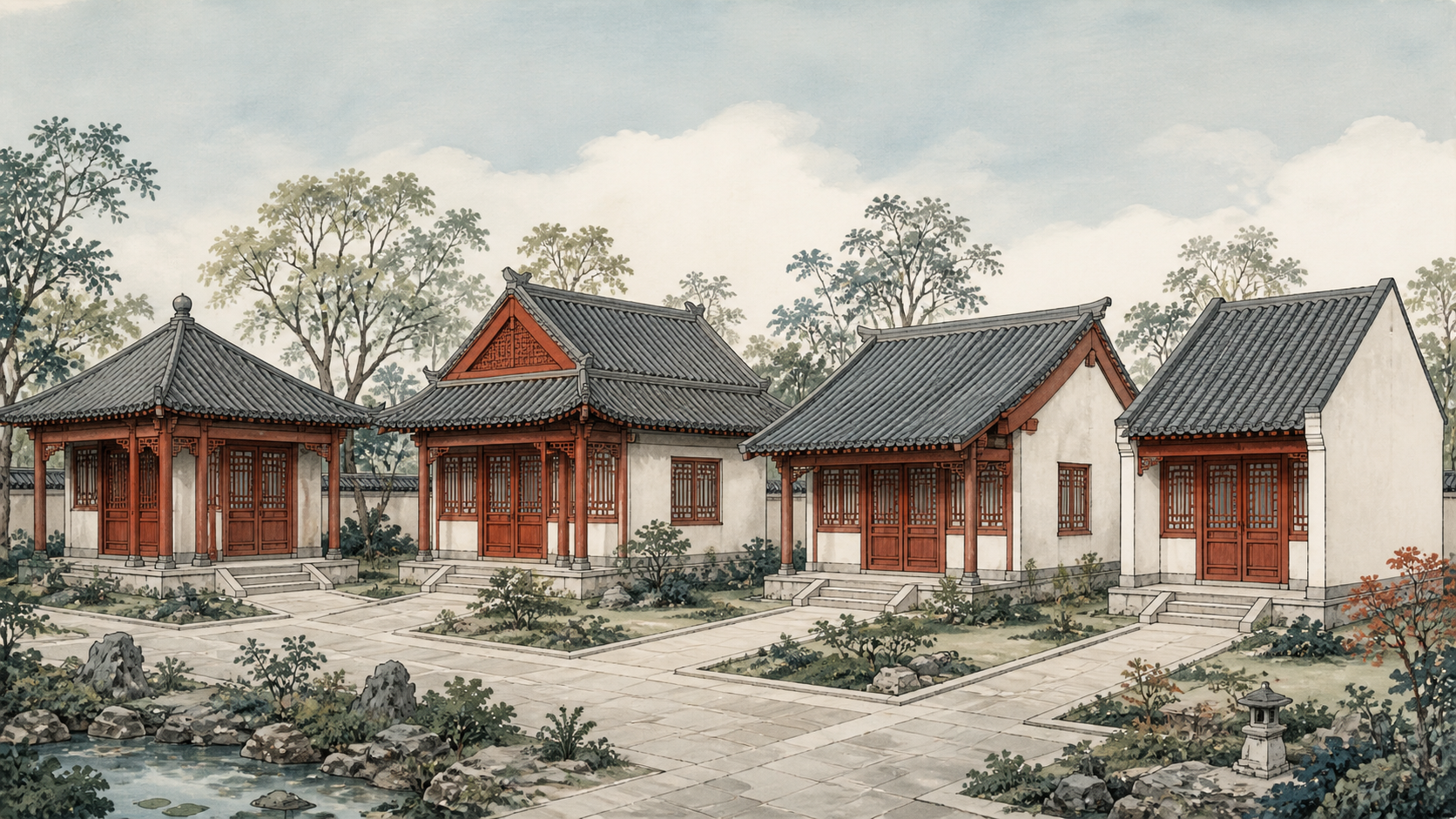 Four traditional Chinese roof forms