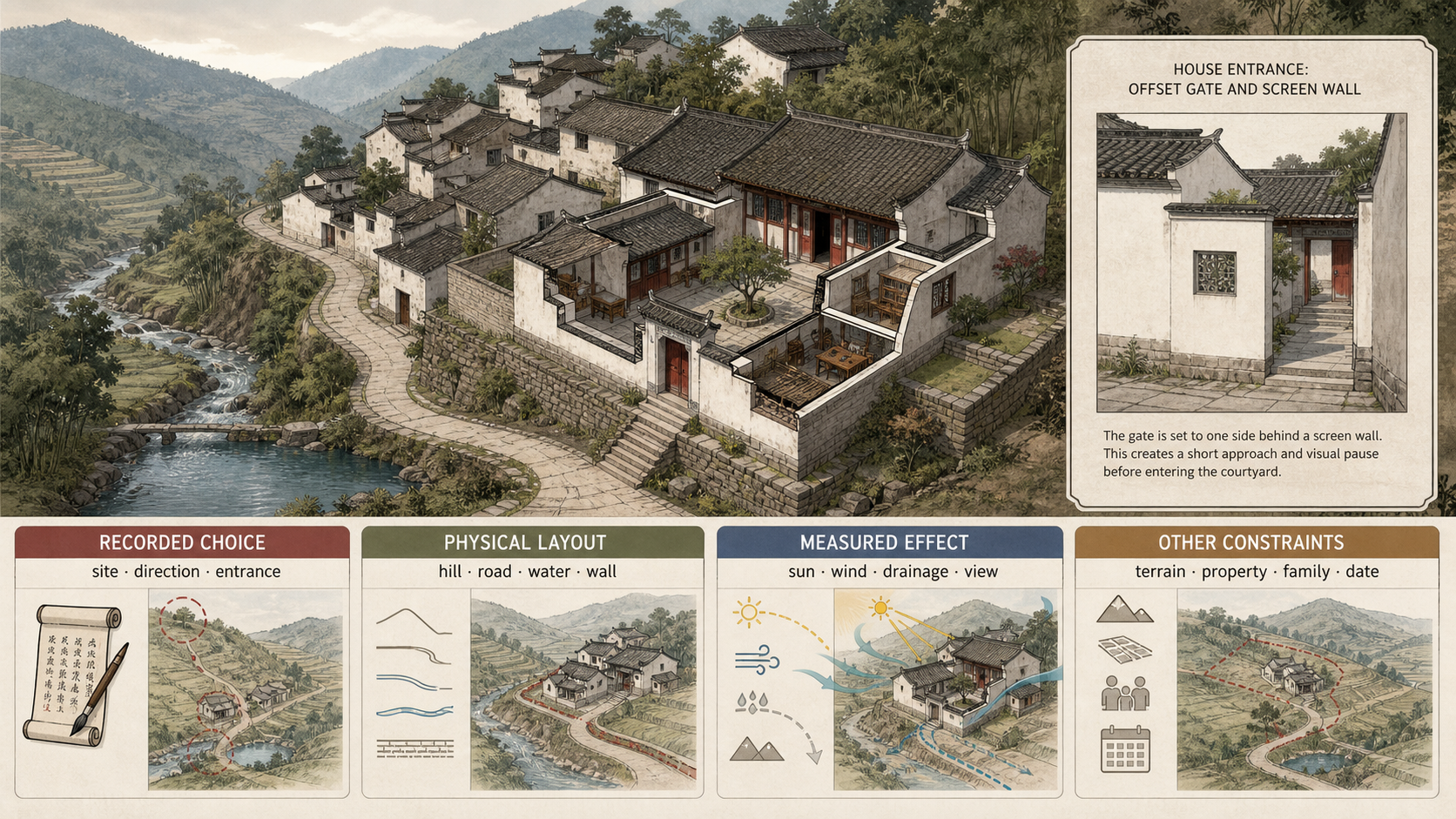 Hillside village, roads and water organized into four evidence layers