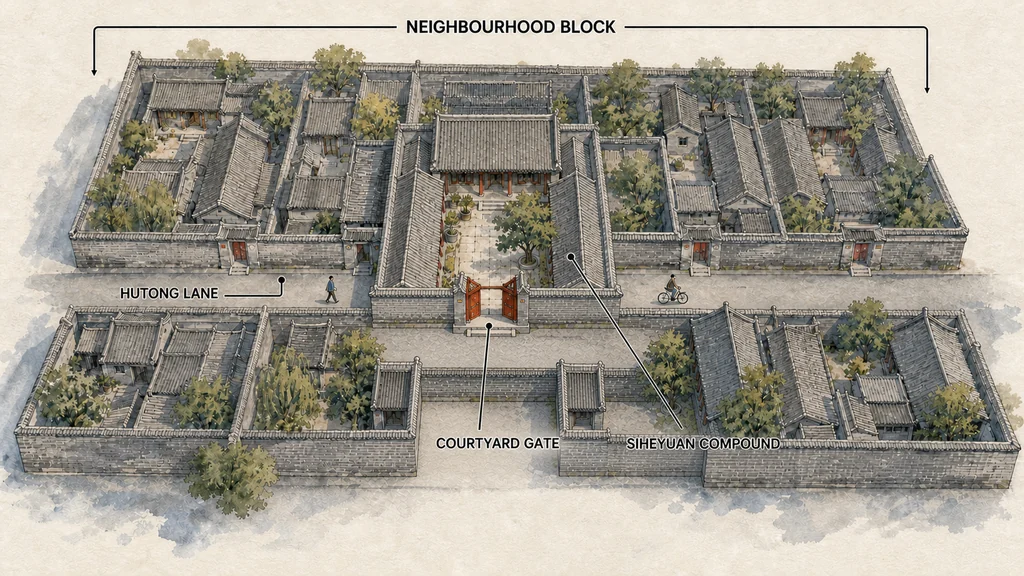Old Beijing block showing the hutong lane, courtyard gate and siheyuan compound