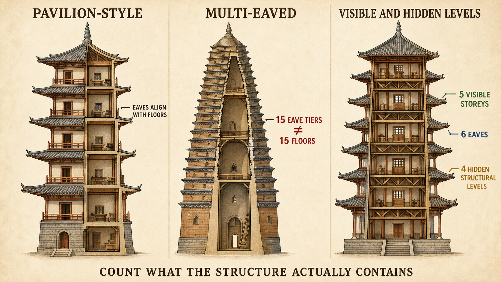 Three pagoda cutaways comparing exterior eaves, interior floors and hidden structural levels