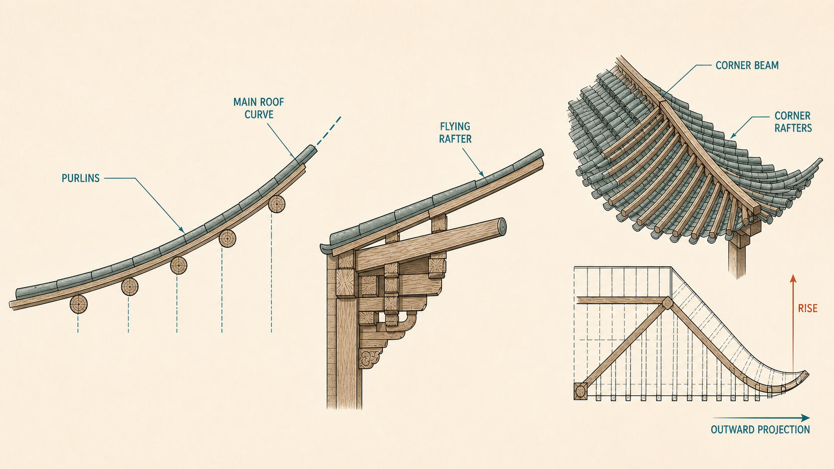 Technical cutaway of a curved Chinese roof, flying rafter and raised corner
