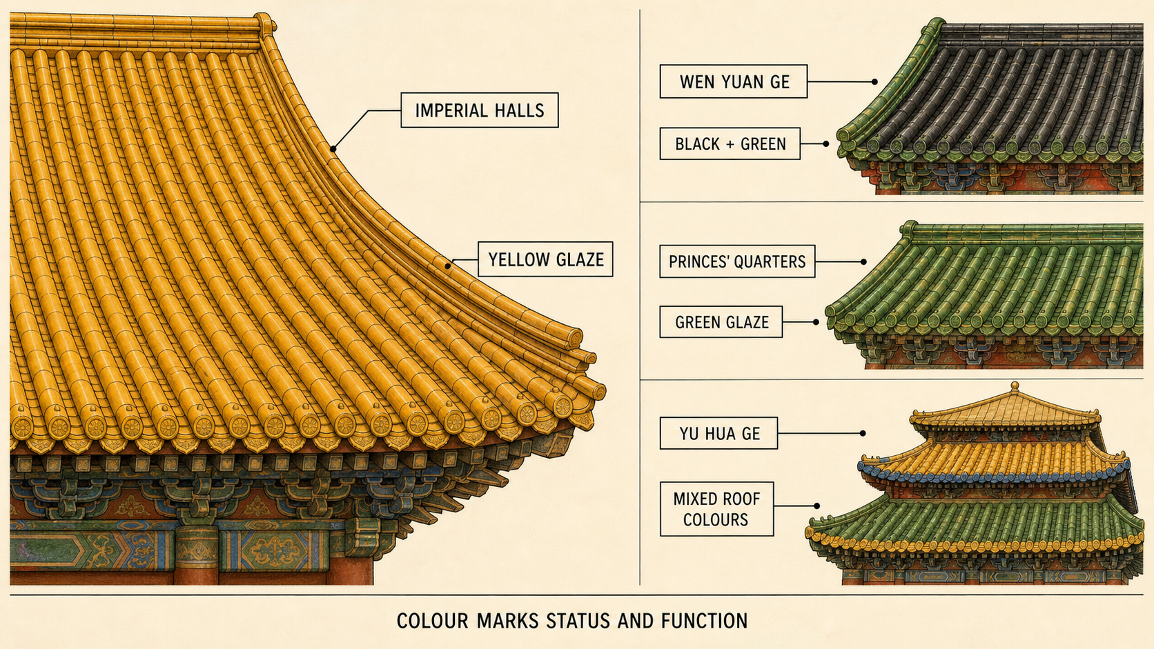 Colour key comparing yellow, black, green and mixed roofs in the Forbidden City