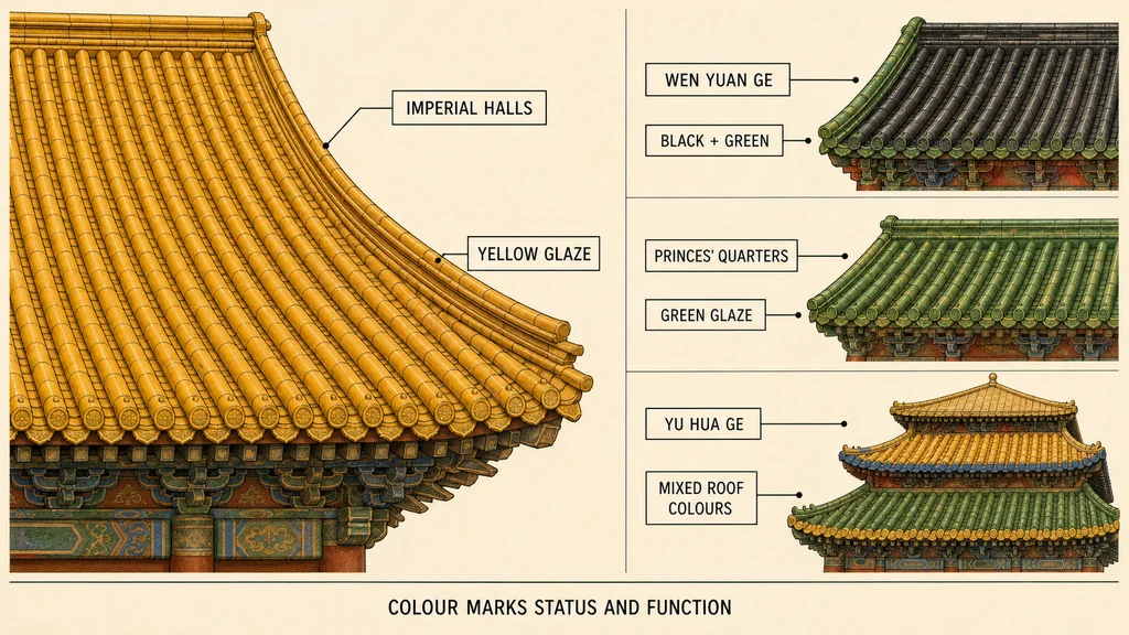 Colour key comparing yellow, black, green and mixed roofs in the Forbidden City