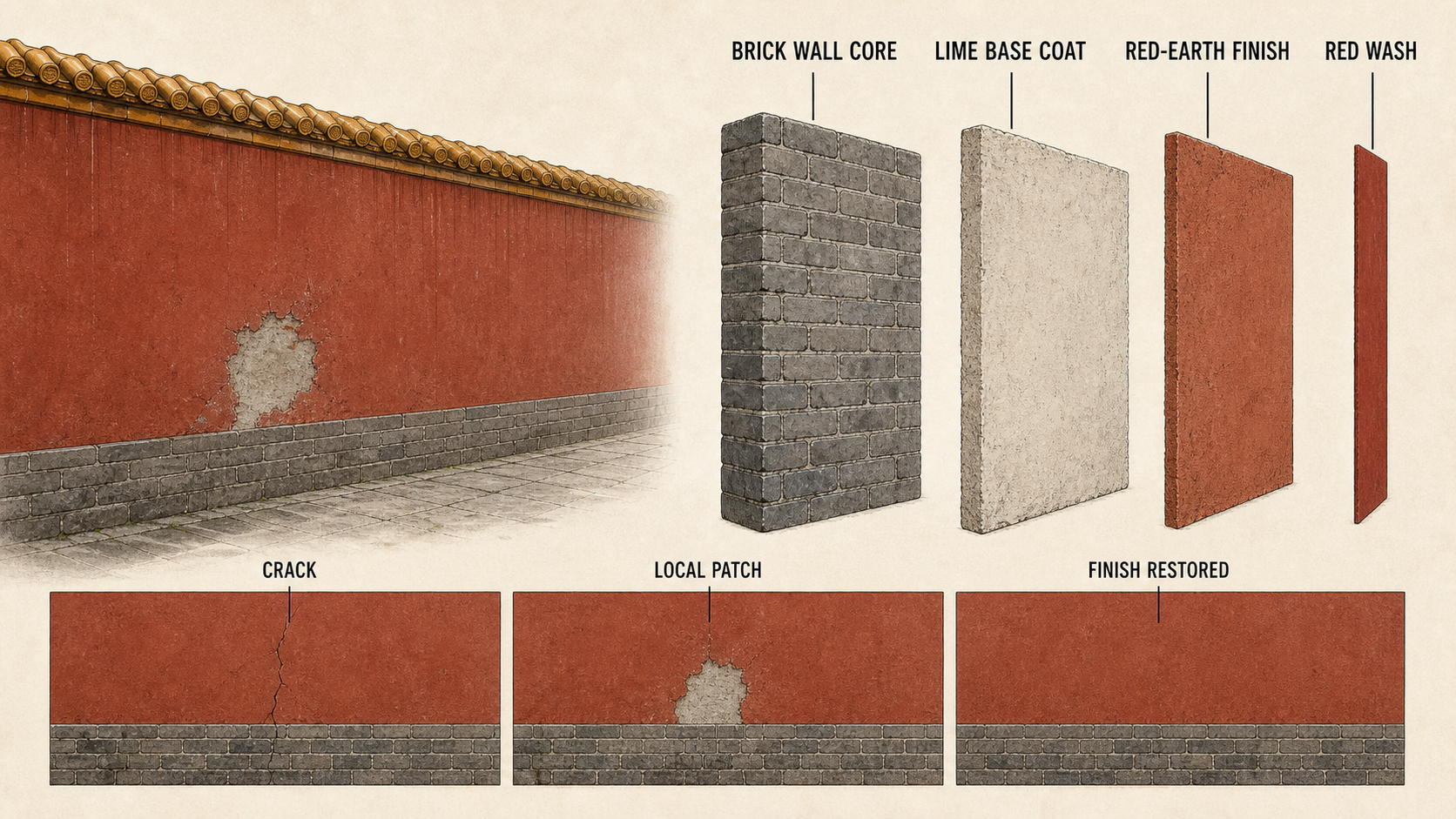Cutaway showing the layers and local repair of a Forbidden City red wall