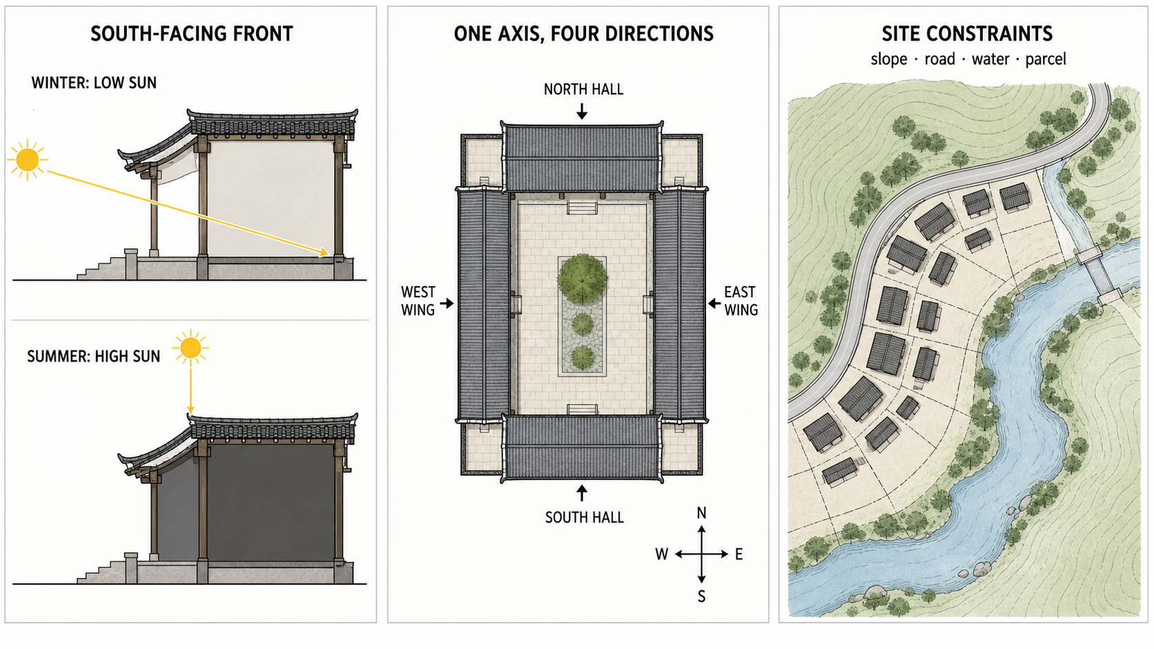 Winter and summer sun sections, four courtyard directions and a site-constrained village