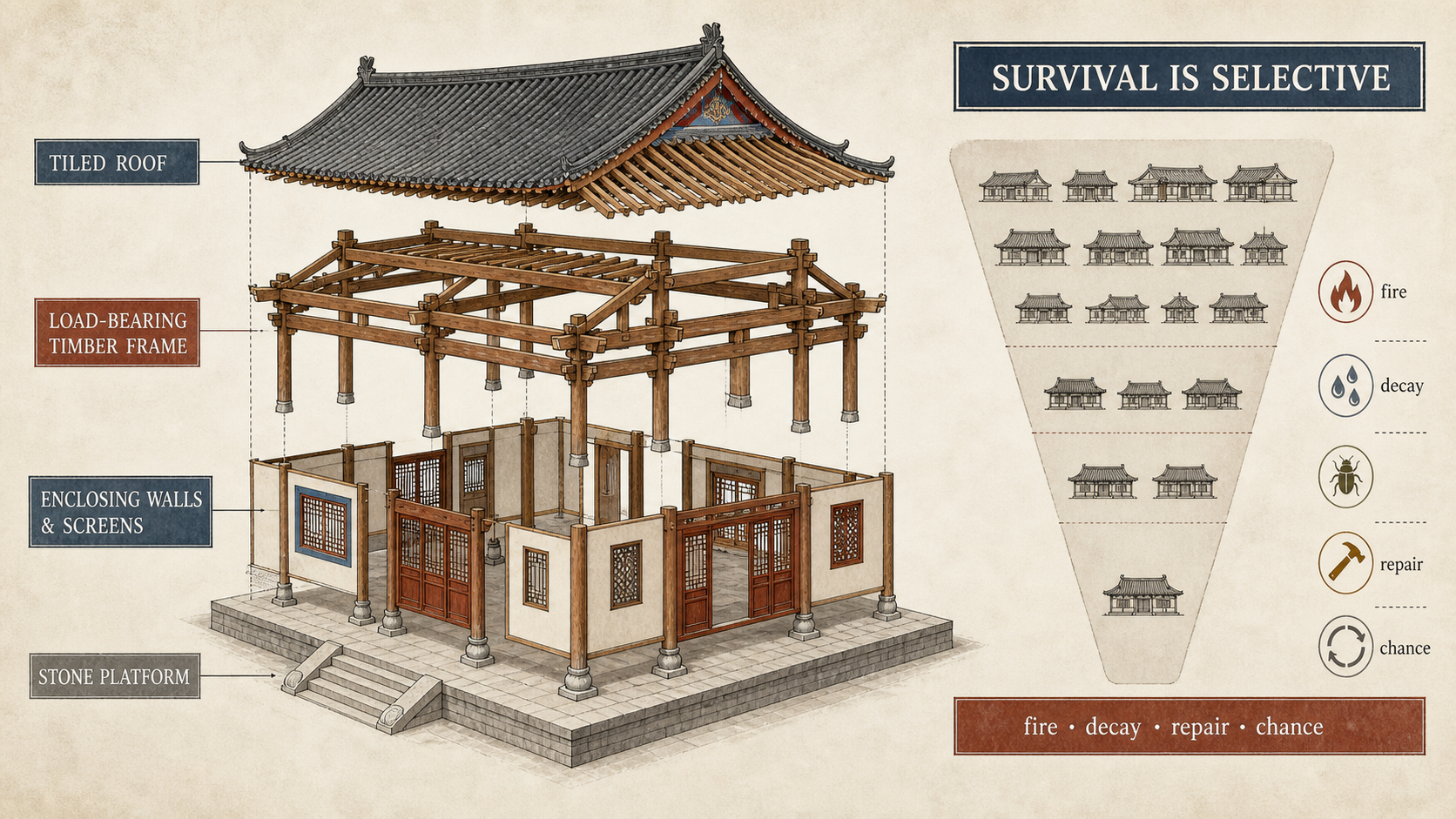 Exploded hall separating timber frame, walls, roof and platform beside a survival funnel