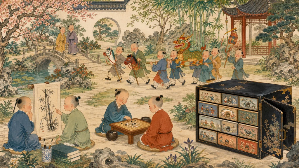 园林中的男童分组观看竹画、下围棋、骑竹马并抬着麒麟游行,旁边放着绘有群童的多抽屉漆箱。